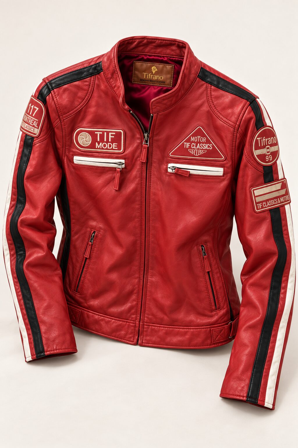 Red leather biker jacket with patches for women, product-only front view