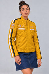 Woman wearing the yellow leather biker jacket, three-quarter view