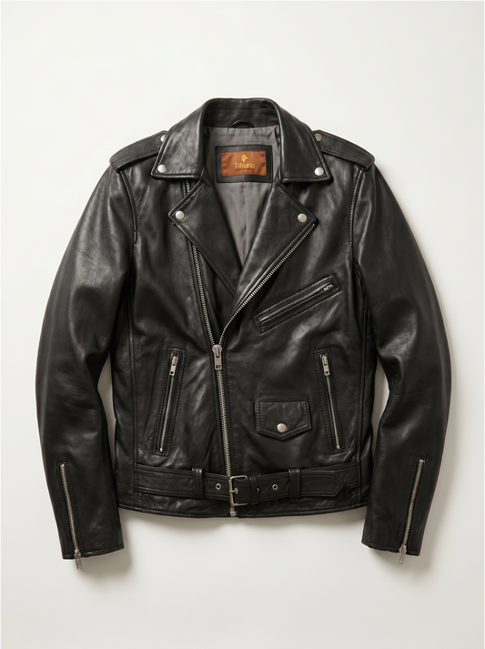 Tifrano Memphis Rockera black leather biker jacket for men with belt and snap buttons — front view