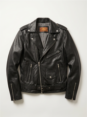 Tifrano Memphis Rockera black leather biker jacket for men with belt and snap buttons — front view