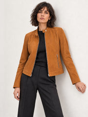 Woman wearing the Minerva camel suede jacket, alternate full-body view