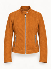 Minerva camel suede jacket for women, product-only front view