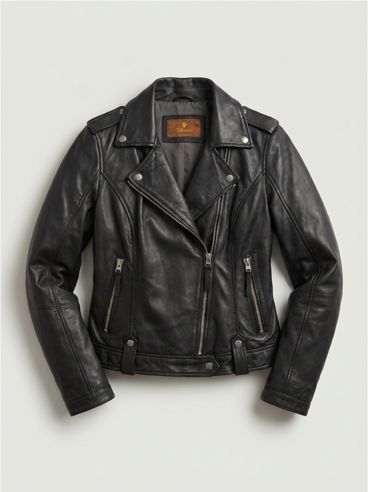 Montreal black leather biker jacket for women - front flat lay, genuine sheep leather with silver zippers