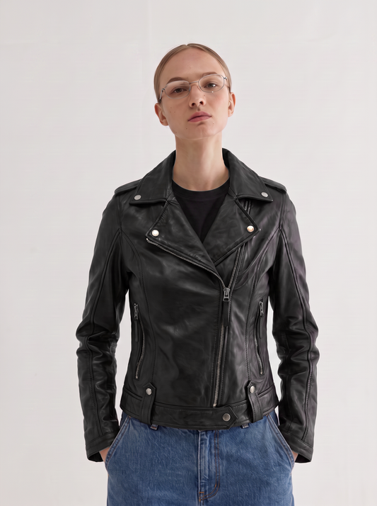 Woman wearing the Montreal black leather biker jacket over a black t-shirt - front view