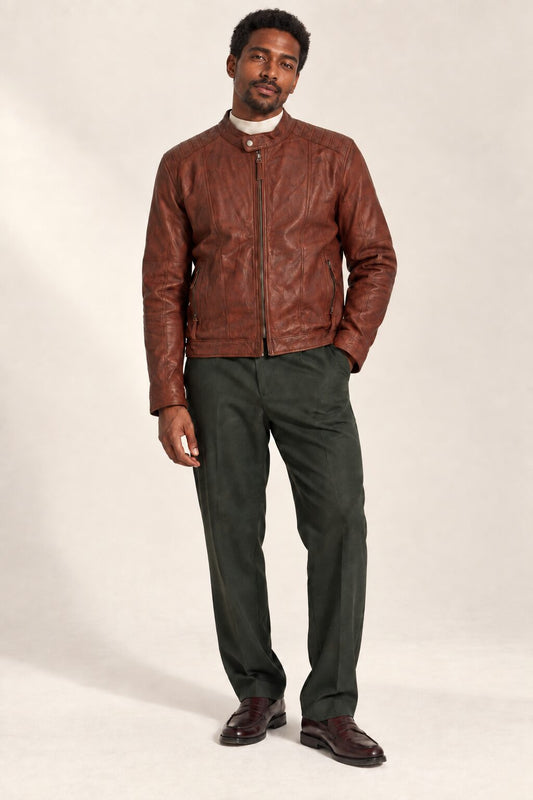 Man wearing the Tifrano Mostar brown leather jacket – full body front view