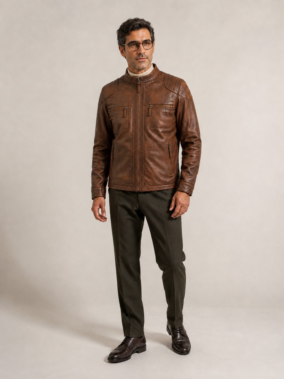 Oxford brown leather jacket by Tifrano, men's full-body front view