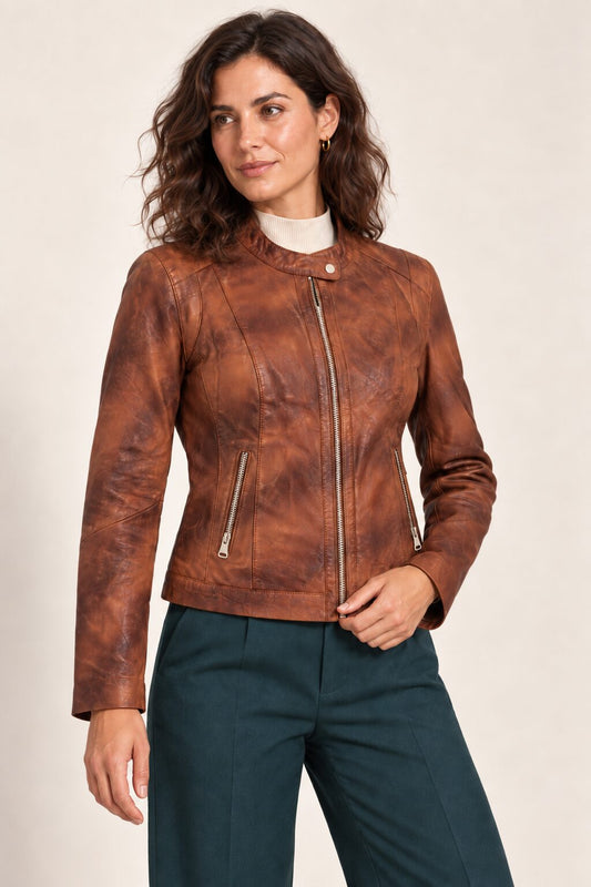 Tifrano Perugia walnut brown leather jacket for women – three-quarter view