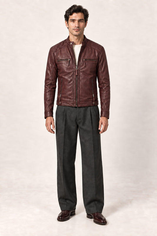 Full-length front view of a man wearing the Tifrano Prague burgundy leather jacket.