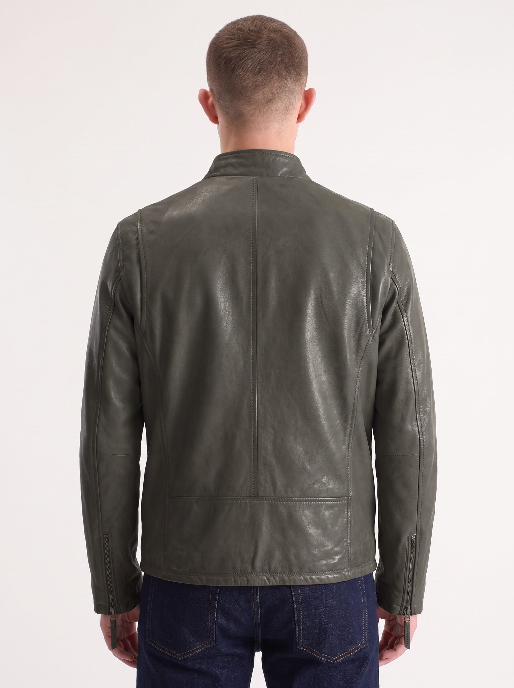 Quebec olive green distressed leather jacket for men, back view