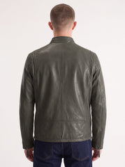Quebec olive green distressed leather jacket for men, back view