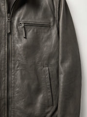 Close-up detail of the Quebec olive green distressed leather jacket