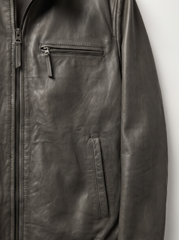 Quebec olive green leather jacket for men, close-up of leather detail