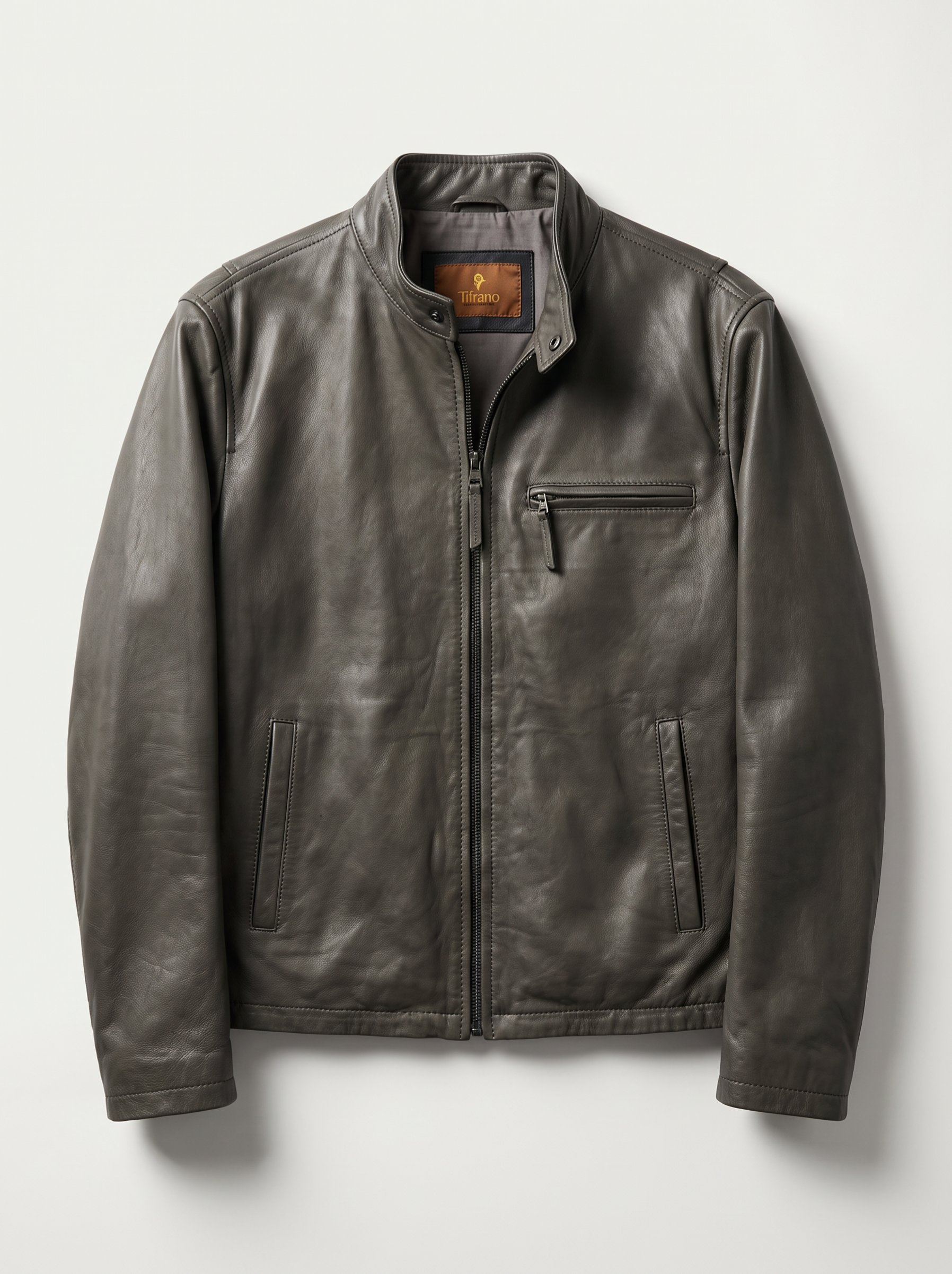 Quebec olive green leather jacket for men on model, front view