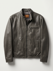 Quebec olive green leather jacket for men on model, front view