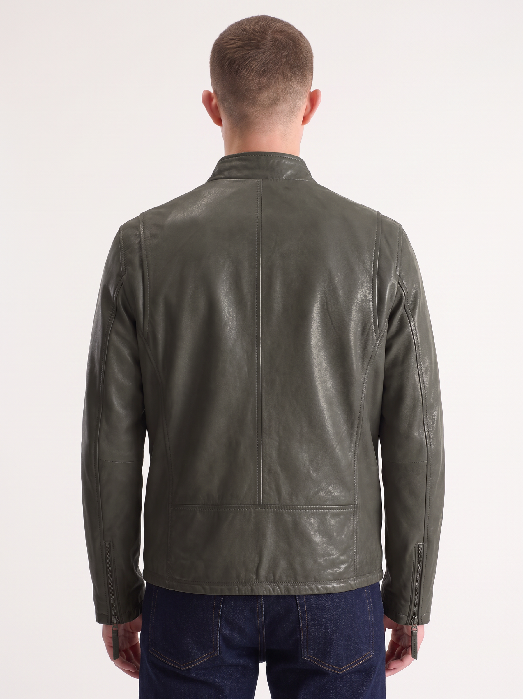 Quebec olive green leather jacket for men on model, back view