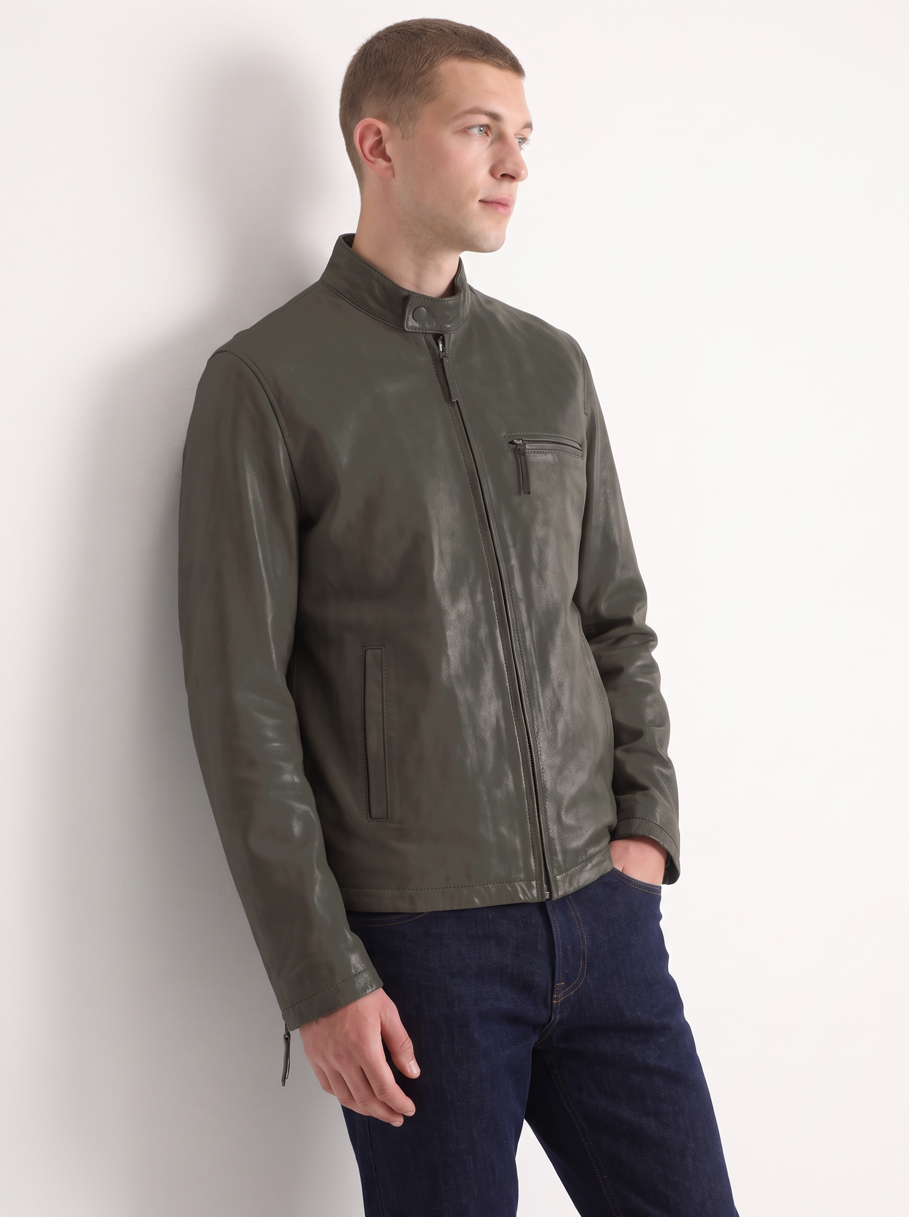Quebec olive green leather jacket for men on model, side view