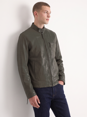 Quebec olive green leather jacket for men on model, side view