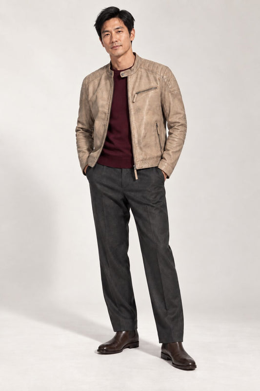 Man wearing the Toledo beige leather jacket, full-body front view