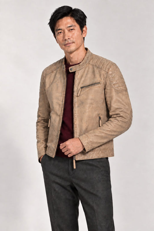 Man wearing the Toledo beige leather jacket, three-quarter view