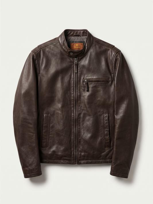 A dark brown leather jacket with a stand-up collar, front zipper, and zippered chest pocket, displayed flat against a light gray background.