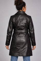 Ushuaia black leather coat for women, back view