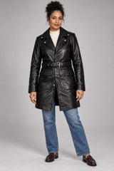 Woman wearing the Ushuaia black leather coat, full-body front view