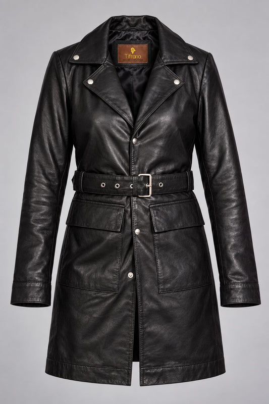 Ushuaia black leather coat for women, product-only front view