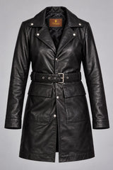Ushuaia black leather coat for women, product-only front view