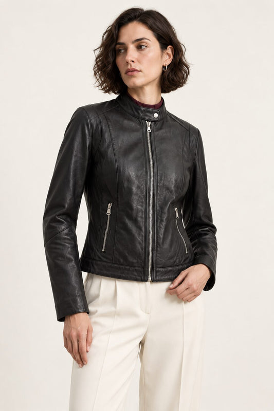 Woman wearing the Verona black leather jacket, three-quarter view