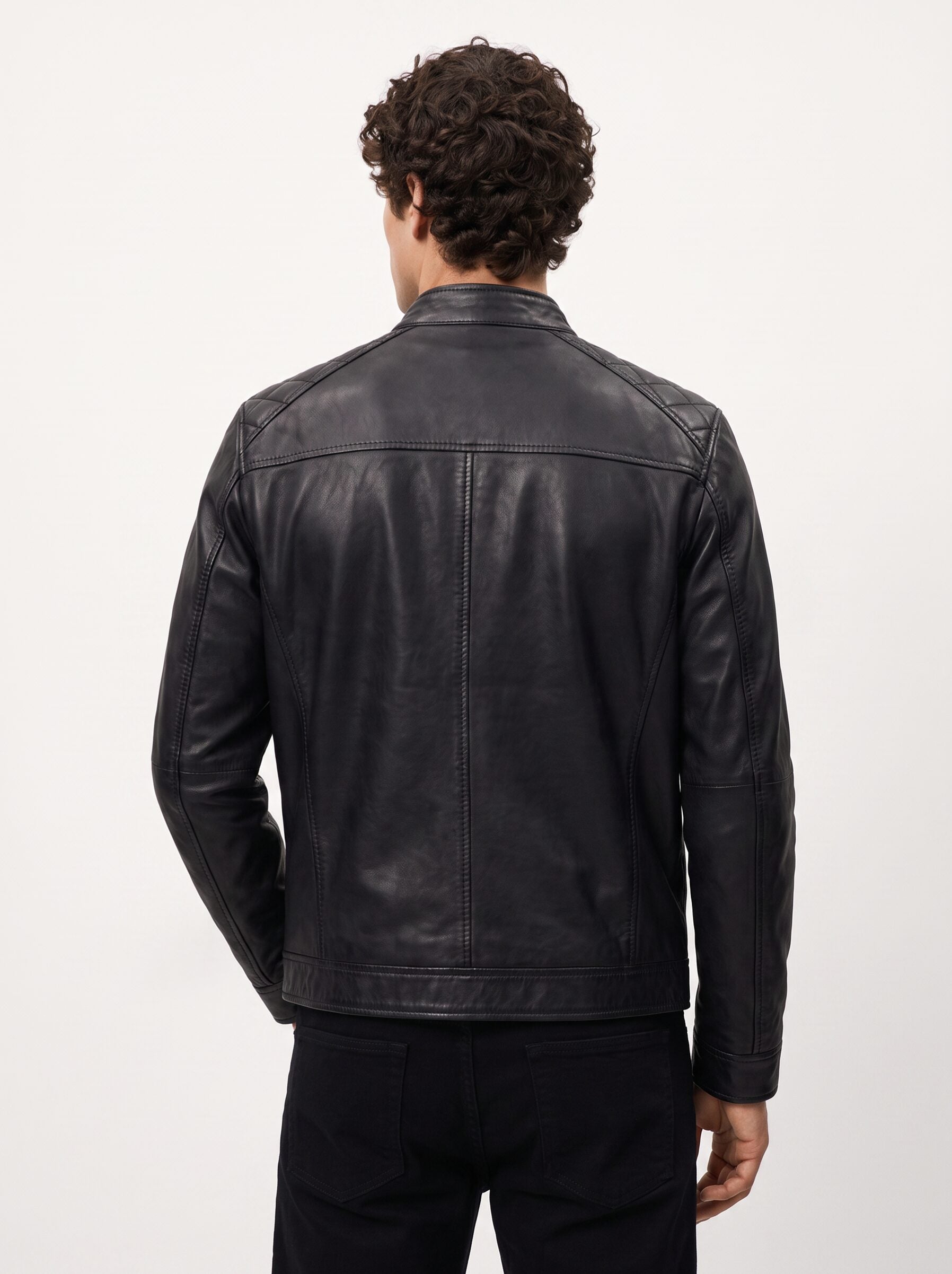 Viena black leather racer jacket for men, back view