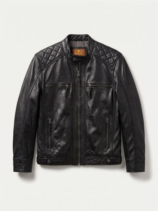 Viena black leather racer jacket for men, product-only front view