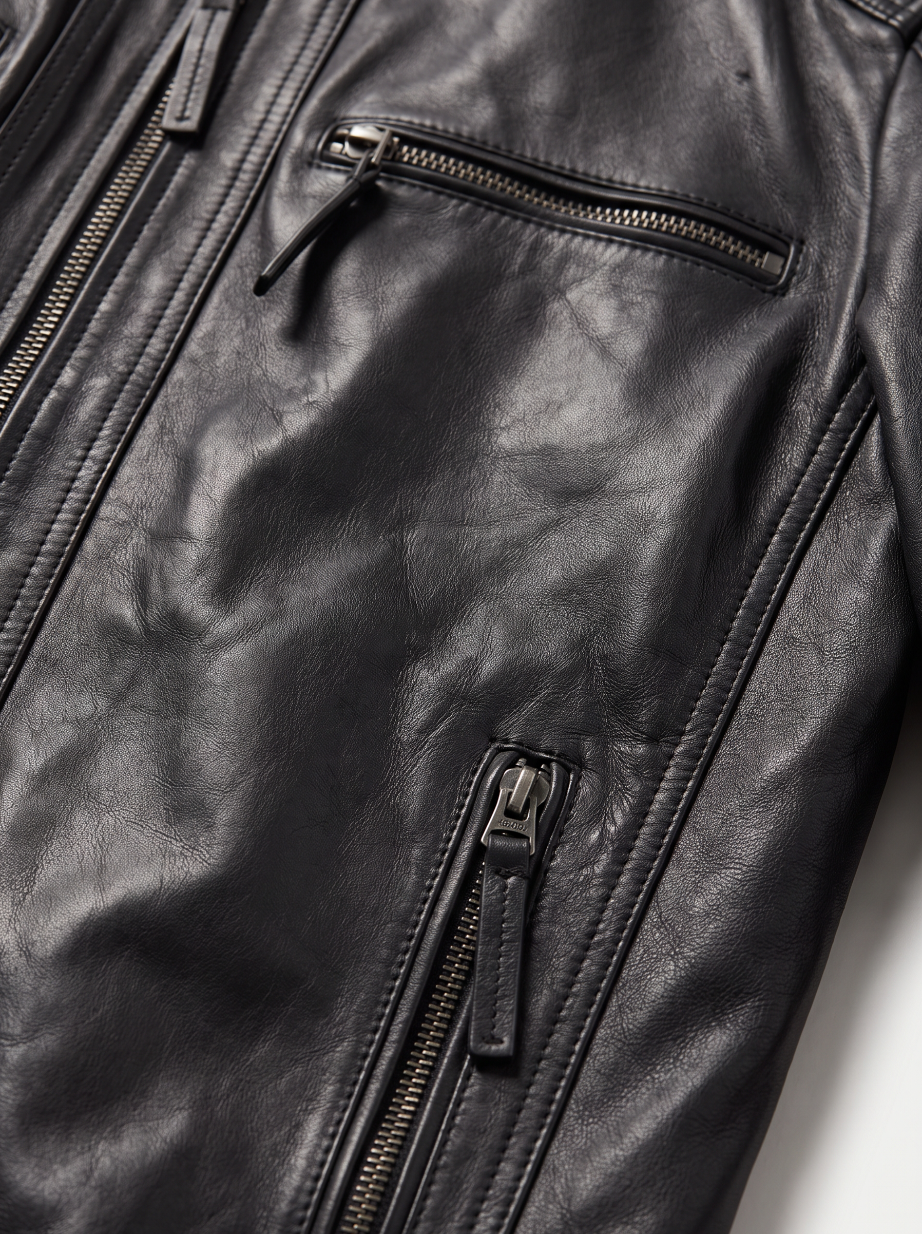 Viena black leather jacket for men, leather texture close-up detail | Tifrano genuine leather
