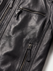 Viena black leather jacket for men, leather texture close-up detail | Tifrano genuine leather