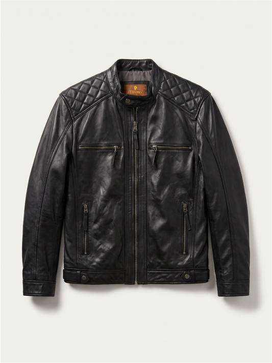 Viena black leather jacket for men, product front view | Tifrano genuine leather