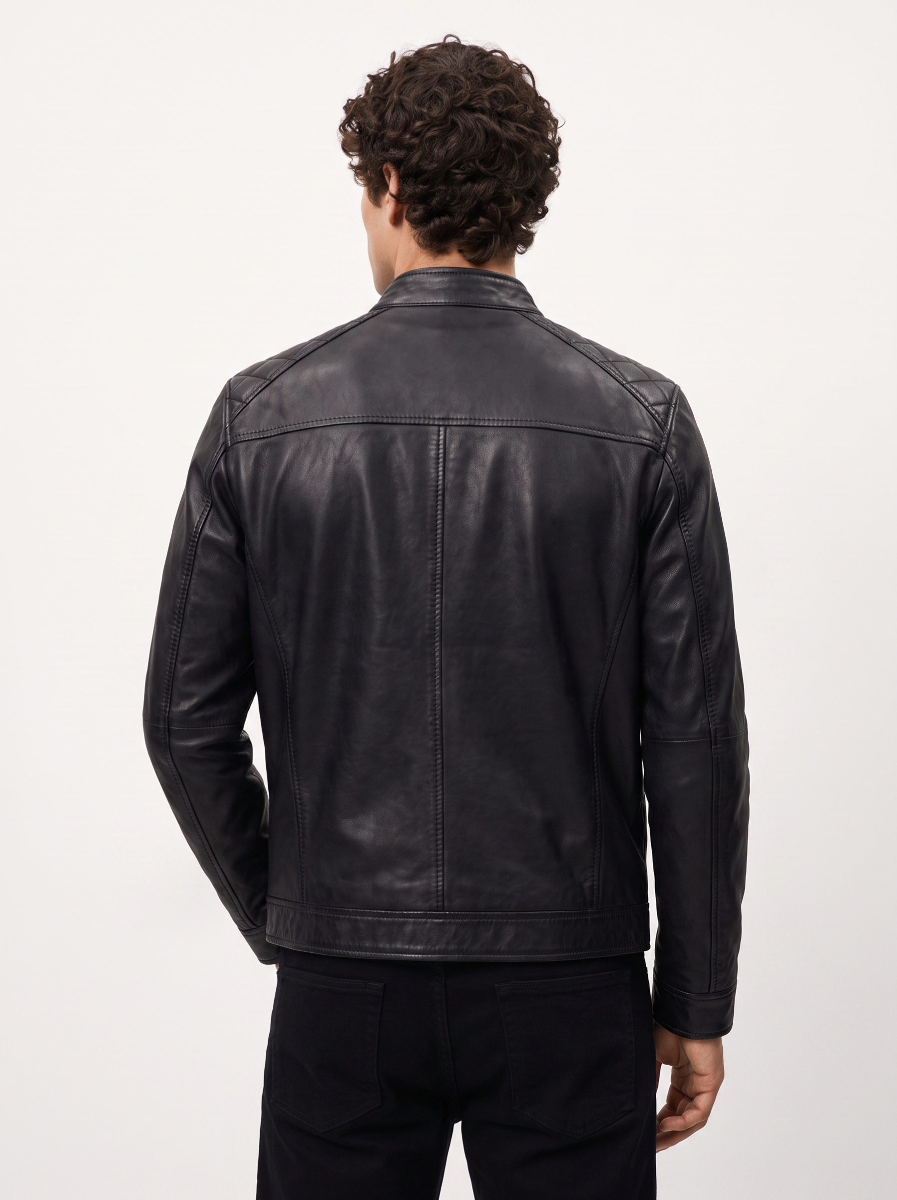 Viena black leather jacket for men, worn by a male model, back view | Tifrano genuine leather