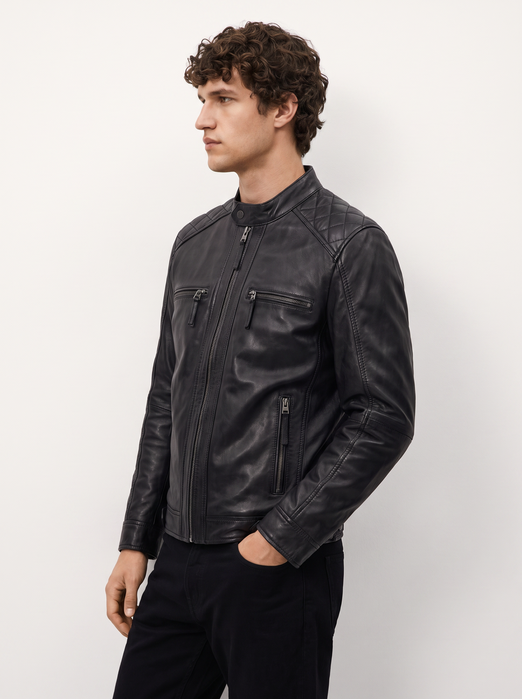 Viena black leather jacket for men, worn by a male model, side view | Tifrano genuine leather