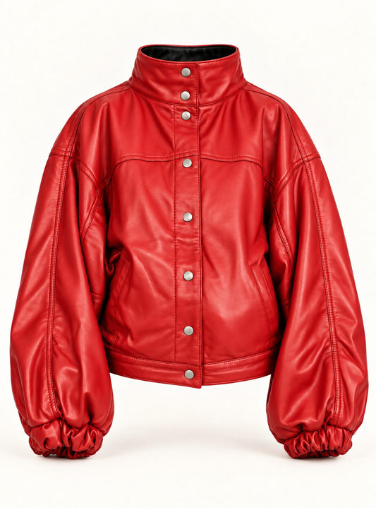 Vulkan red leather jacket with puff sleeves for women, product-only front view