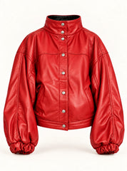 Vulkan red leather jacket with puff sleeves for women, product-only front view