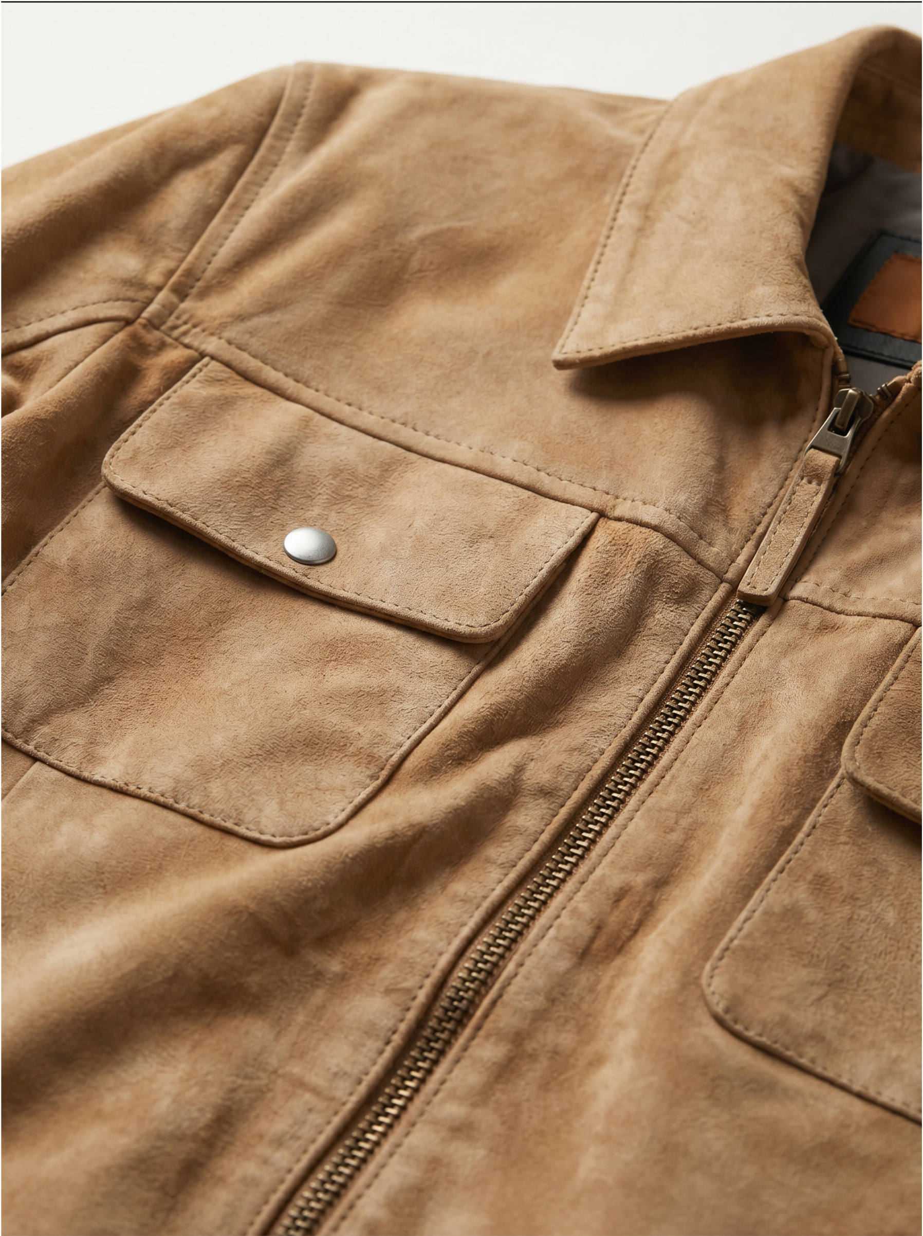 Tifrano Yerevan sand suede jacket collar zipper and suede texture close-up